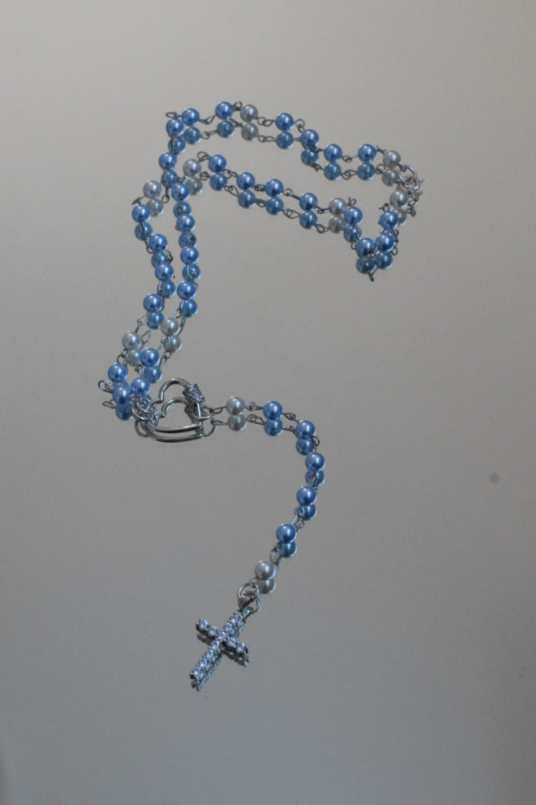 Y-Perlenkette babyblau mit Kreuz Anhänger Sterling Silber