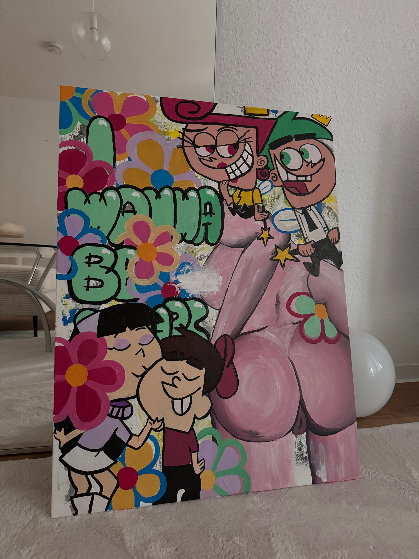 Abstraktes Acrylbild mit nacktem Frauenkörper