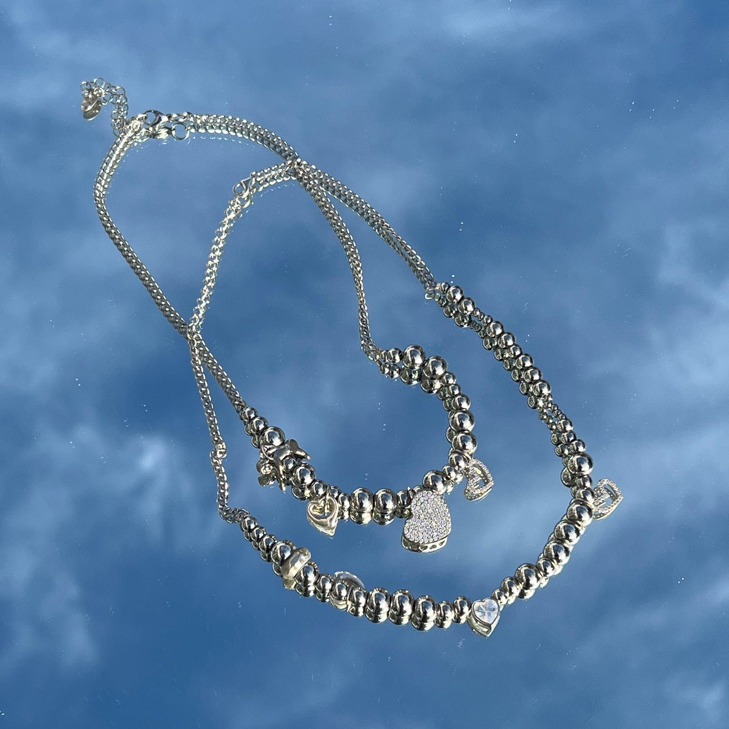 Edelstahl Perlenkette mit Sterling Silber Charms & Cuban Chain – Verstellbar 36–41 cm | 6 mm Perlen