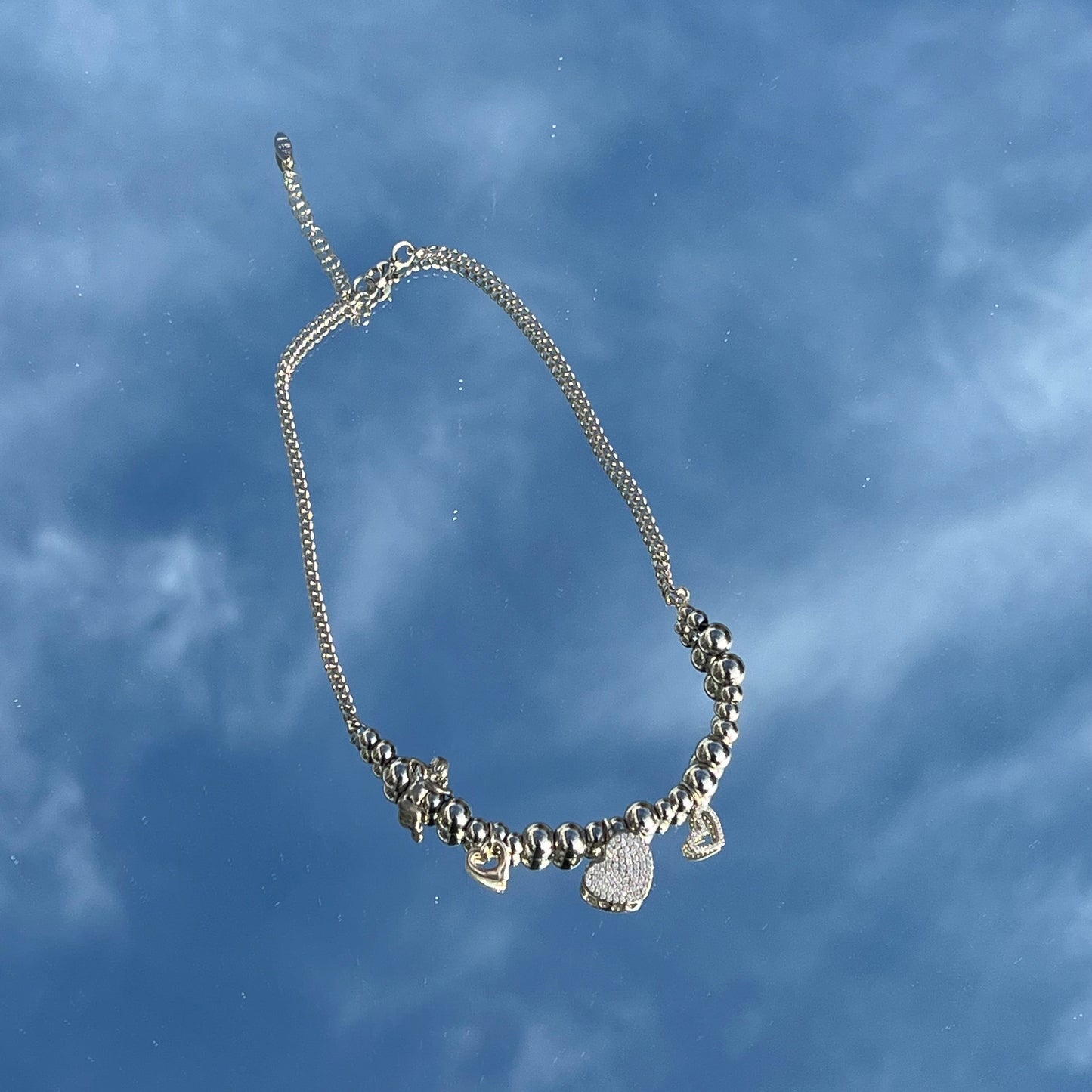 Edelstahl Perlenkette mit Sterling Silber Charms & Cuban Chain – Verstellbar 36–41 cm | 6 mm Perlen