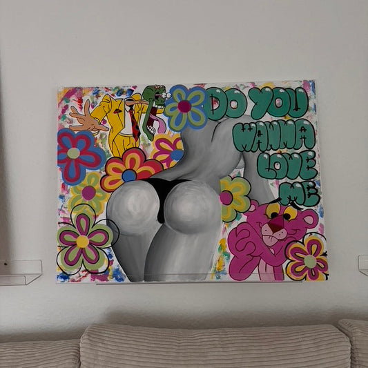 Acrylgemälde Akt Frau mit Blumen & Schrift – Moderne Kunst auf Leinwand 78×60 cm