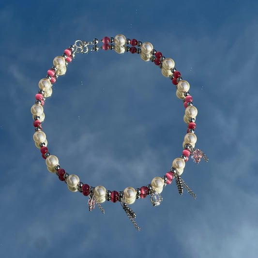 Rosa-weiße Perlenkette mit Edelstahl Charms & Sterling Silber Anhänger – 40 cm, bis 8 mm Perlen