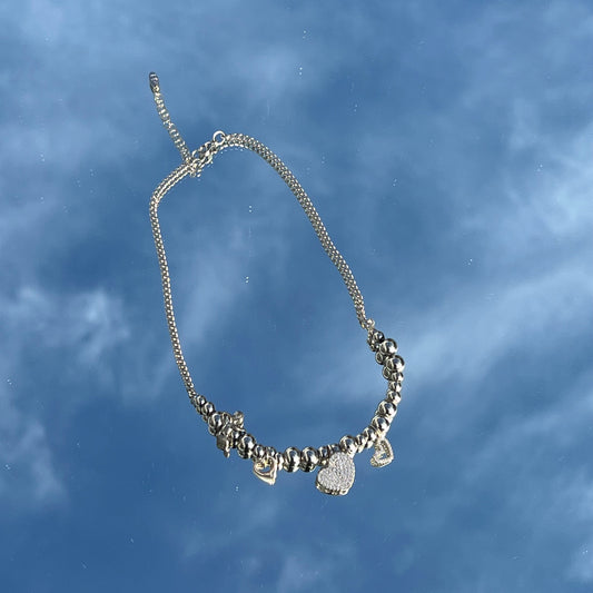 Edelstahl Perlenkette mit Sterling Silber Charms & Cuban Chain – Verstellbar 36–41 cm | 6 mm Perlen