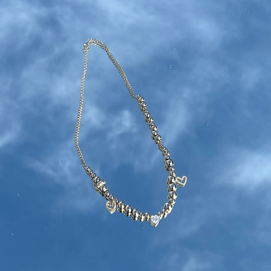 Edelstahl Cuban Chain Perlenkette mit Sterling Silber Charms – 36 cm + 5 cm | 6 mm Perlen